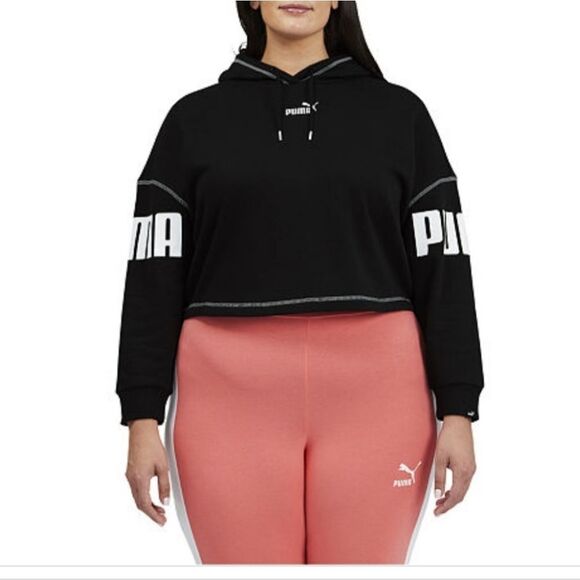 Puma womens Sz 1X black white logo crop hoodie - Picture 1 of 11